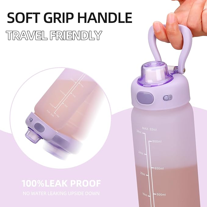 SIEROZUR 32 oz Glass Water Bottle with Straw and Handle Large Sports Motivational Water Bottle with Locking Lid and Time Marker Leakproof Water Jug for Daily Hydration Intake BPA Free