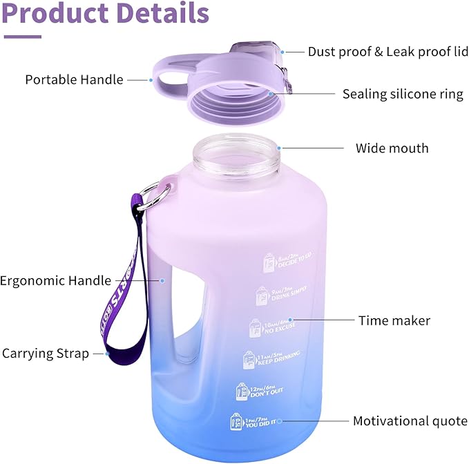Water Bottle with Time Marker, 78OZ/Half Gallon Leak-proof Water Jug, Large Portable Water Bottles with Handle, BPA Free Fitness Water Jug for Gym, Outdoor, Sport (Purple)