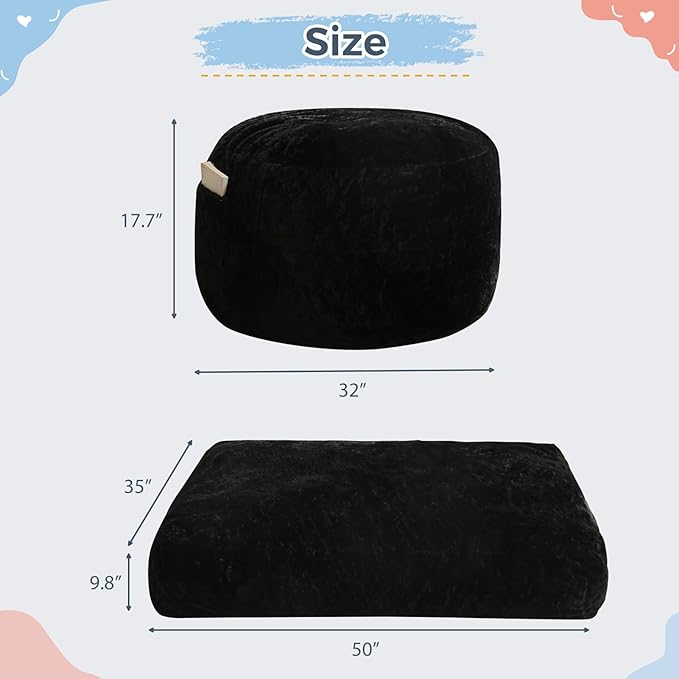 MAXYOYO Bean Bag Chair Bed for Kids, Convertible Bean Bag Folds from Lazy Chair to Floor Mattress Bed, Stuffed Floor Sofa Couch Sofa Bed for Boys and Girls, High-Density Foam Filling, Black