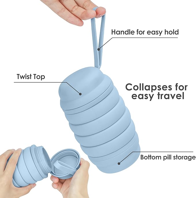 Collapsible 16 oz Water Bottle, Reusable Water Bottle, Portable Water Bottle, Pill Storage, Silcone Water Bottle, BPA Free, Vitamin Storage. (Blue)