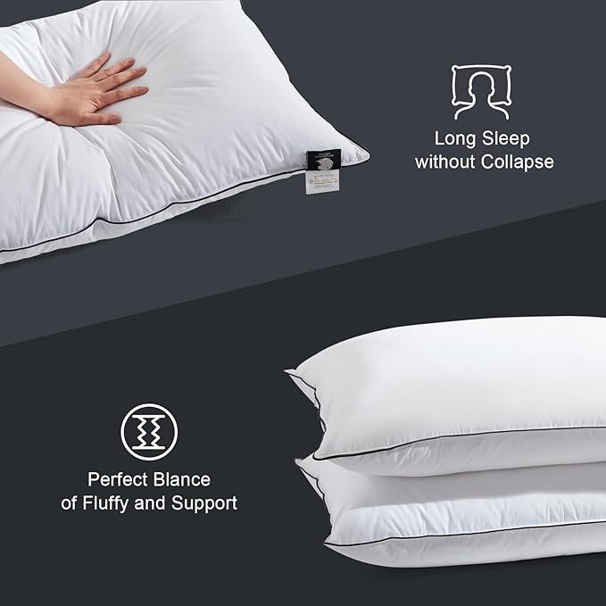 Hotel Feather Pillows Queen Size Set of 2, Hybrid Goose Down Pillow Composite with Mef tek™ Memory Foam, Firm Bed Pillows with Organic Cotton Cover (White,20"x30")