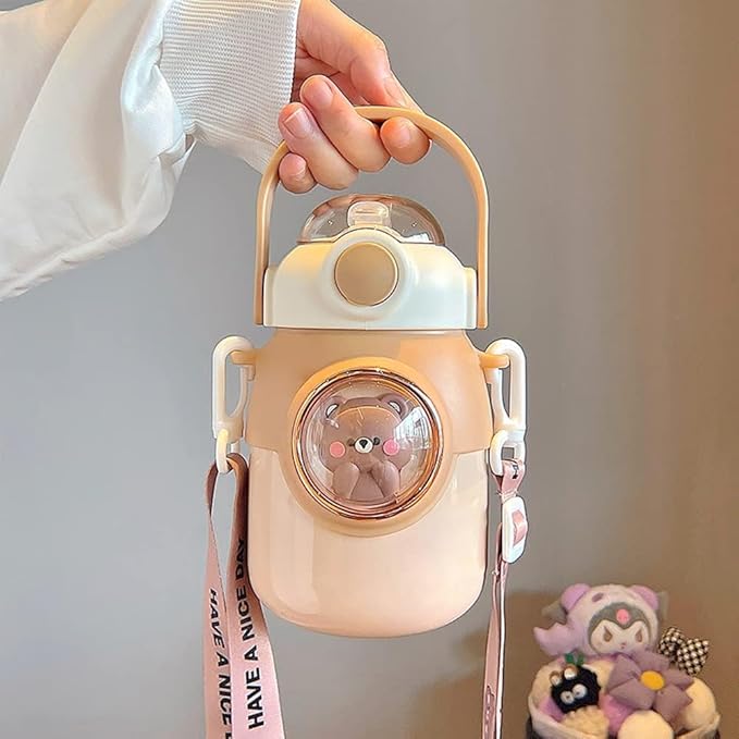 Kawaii Water Bottle with Straw,Travel Cute Water Bottles with Adjustable Strap Leak Proof BPA Free Wide Mouth Water Cup with Lid for Girls(Brown)