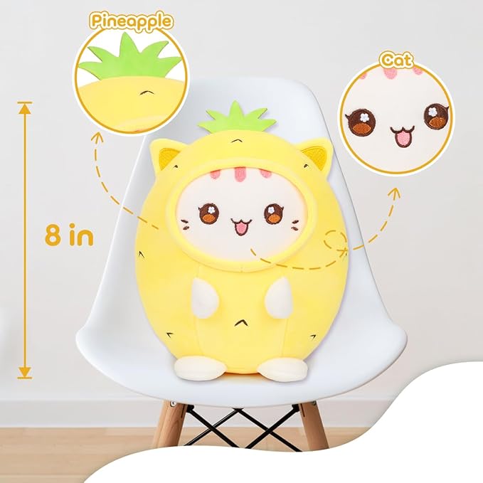 Cute Plush Pineapple Cat Stuffed Animal Pillow, 8" Soft Kawaii Kitten Plushie with Pineapple Outfit Gift for Kids