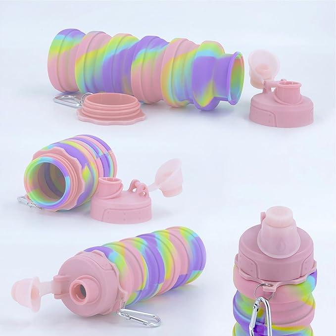 Collapsible Water Bottles Two Pack Travel Sports Portable Sport Water Bottle comes with mountaineering Buckle 500ml silicone Water-proof camping water bottle (Blue camouflage+Pink camouflage)