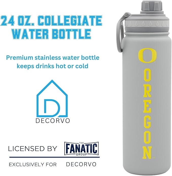 Oregon Logo Water Bottle - Gray Double Walled Stainless Steel 24 oz Keeps Drinks Cold or Hot