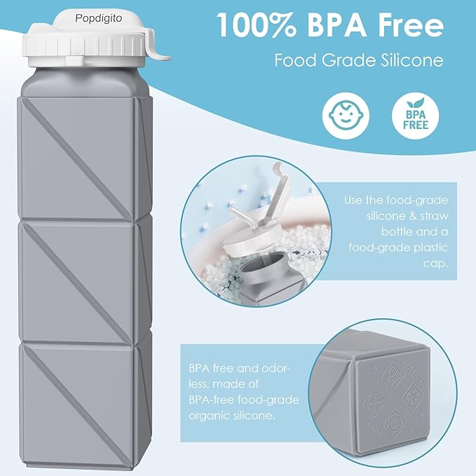Collapsible Water Bottles,BPA-Free Leak-Proof Silicone Foldable Water Bottle Cup 20.6oz,Durable Lightweight Bottle for Gym Travel Camping Hiking Running (Type2 Grey)