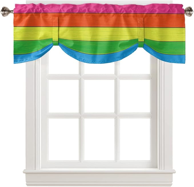 Farmhouse Blackout Tie Up Valance Curtains for Kitchen Windows,Rainbow Retro Rustic Barn Wood Texture Window Toppers Balloon Shades for Living Room/Bathroom/Bedroom,1 Panel,60" X 18" -1 Panel