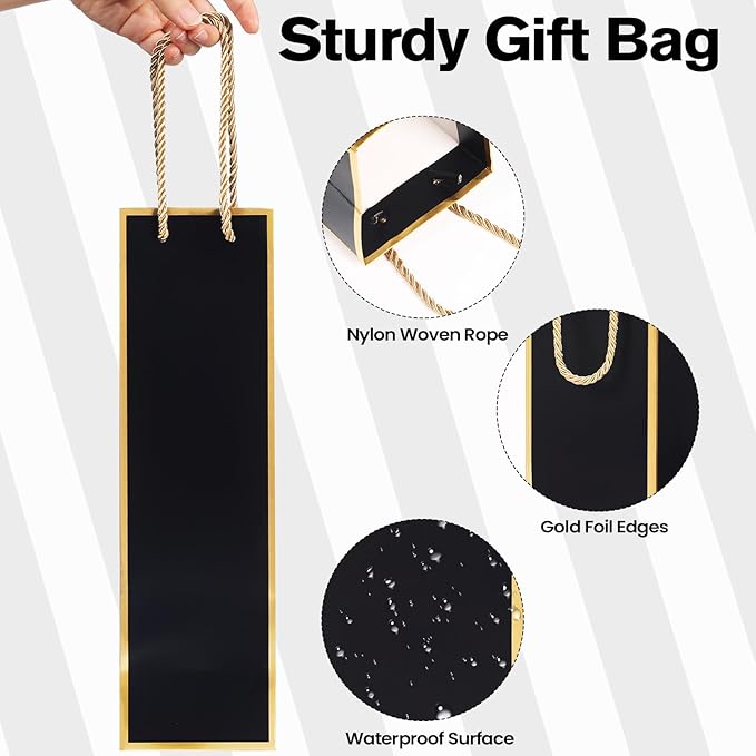 ISKYBOB 10 Packs Wine Gift Bag with Handle, Single Bottle Bags for Wine Kraft Paper Wine Bottle Gifts Box Reusable Gold Foil Gift Wine Bag for Housewarming, Business Dinner, Birthday Party (Black)