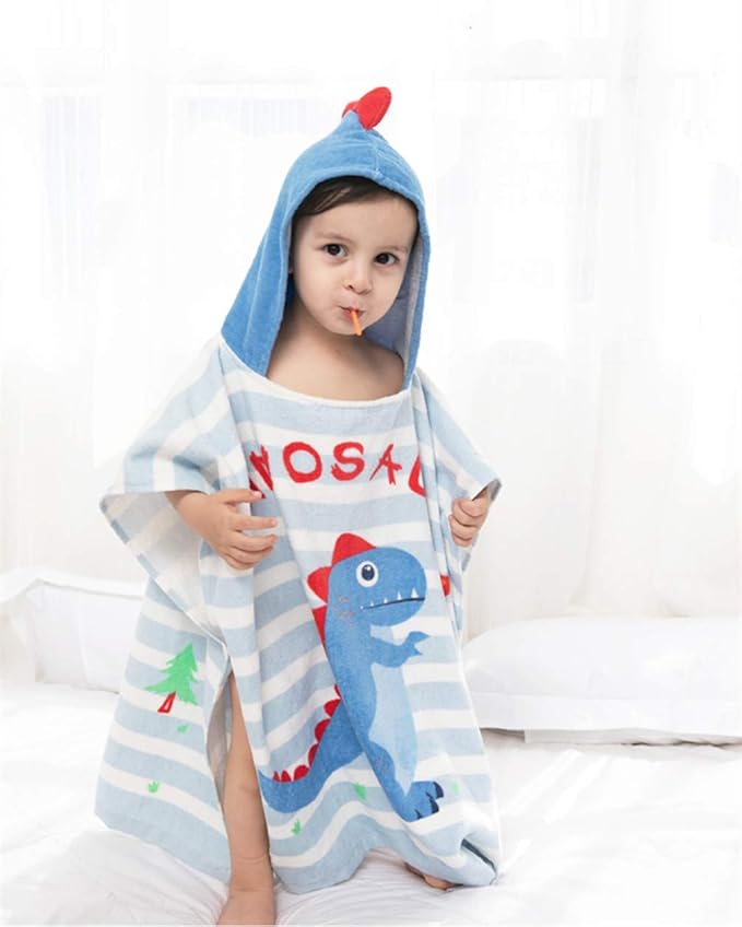 TONWHAR Kids Bath/Pool/Beach Hooded Poncho Towel-Cartoon Animal Pattern Cotton Beach Towel for Baby and Kids (Dinosaur, 1-4 Years/Height:33.4"-43.3")