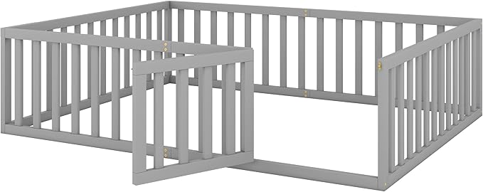 Queen Size Floor Bedframe with Door and Safety Guardrails Fence, Solid Wooden Toddler Montessori Platform Bed for Children Bedroom, Boys Girls, Kids Playroom