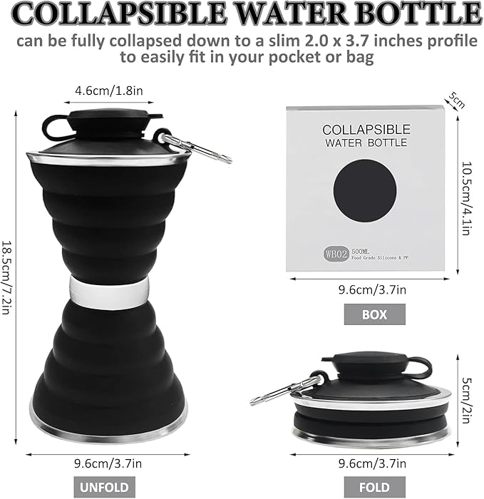 jessie Collapsible Water Bottles 17 oz Silicone Foldable Water Bottles Portable Travel Water Bottle with Buckle for Camping Hiking Sports Outdoor Gym Summer (Black)