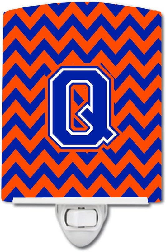 Caroline's Treasures CJ1044-QCNL Letter Q Chevron Orange and Blue Ceramic Night Light Compact, UL-Certified, Ideal for Bedroom, Bathroom, Nursery, Hallway, Kitchen, 6x4x3, Multicolor