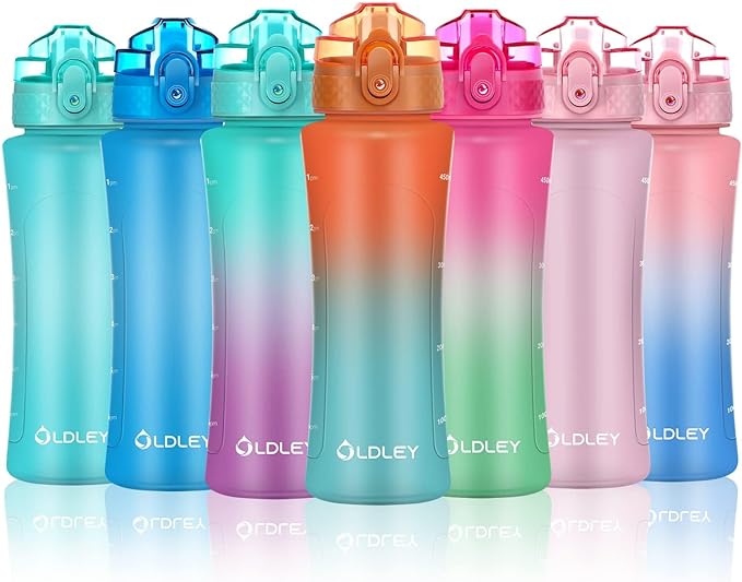 OLDLEY Kids Water Bottle with Straw 15 oz Motivational Water Bottles with Time Marker for School Travel, Spill Proof Sports Water Bottle for Girls Boys,1 Straw Lid,Orange/Green