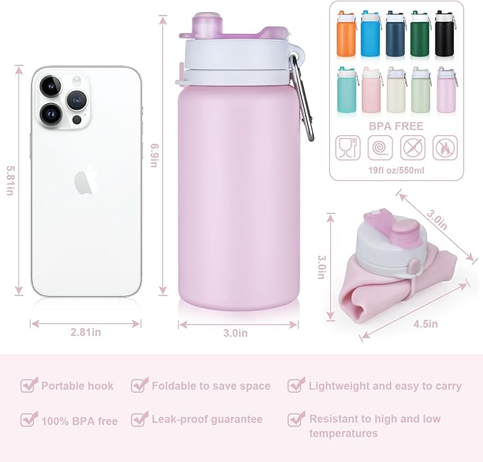 Collapsible Water Bottle, Foldable Water Bottle BPA Free Reusable Lightweight Leak-Proof Travel Silicone Water Bottle for Travel, Gym, Hiking, Office, Camping