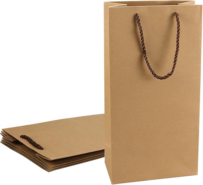Prembag Kraft Paper Wine Bags for Double Wine Bottle,Double Wine Gift Bags, 7"x 3.5"x13.8" Whiskey/Liquor Wine Bottle Bags For Gifts, 2 Bottle Wine Bags with Rope Handles,4 Pcs