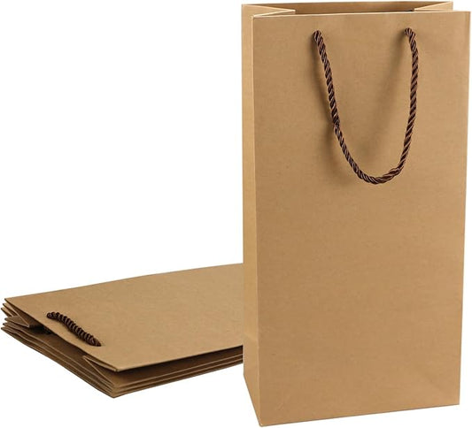 Prembag Kraft Paper Wine Bags for Double Wine Bottle,Double Wine Gift Bags, 7"x 3.5"x13.8" Whiskey/Liquor Wine Bottle Bags For Gifts, 2 Bottle Wine Bags with Rope Handles,4 Pcs