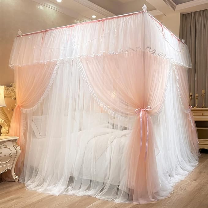 Mengersi Canopy Bed Curtains with Lights,4 Corner Bed Canopy Royal Luxurious Bed Drapes Netting,Princess Bed Curtains for Girls Adults Bedroom Decoration (Peach, California King)