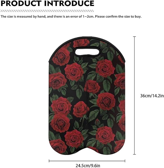 doginthehole 2 Bottles Red Rose Wine Bag Sleeve Neoprene Protective Wine Carrier Bag for Wine,Water, Champagne, Beer Insulated Wine Tote Water Bottle Holder for Travel with Carry Handle
