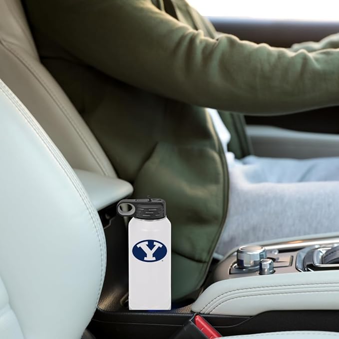 Game Day Outfitters BYU Cougars 32oz Stainless Steel Double Walled White Beverage Bottle with Flip Straw Spout– College Gear for Playoff Season– For Gym, Home or Auto – Show Your Brigham Youth Pride