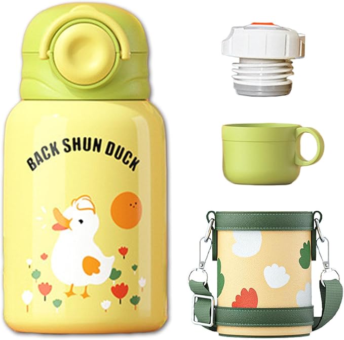 Cute Water Bottle for Girls, Kawaii Kids Water Bottles with Straw Drinking Bottle, Portable Leakproof 15 oz Water Jug for School Camping (YELLOW)