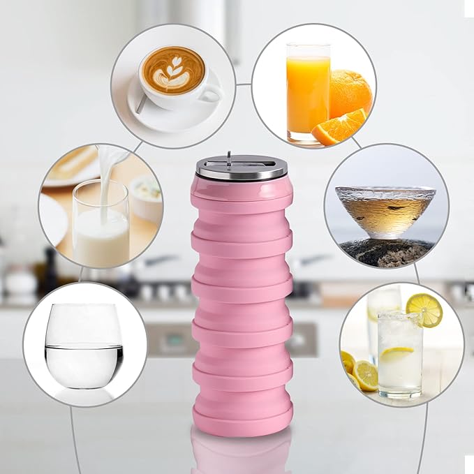BeHeSo Collapsible Water Bottles with Silicone Brush - Straw Silicone Foldable Water Bottle Reusable Camping Cup Leak Proof Portable Travel Sport Water Bottle-500ml/17oz (Pink)