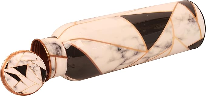 Pure Copper Water Bottle - Handcrafted - Ayurveda health benefits - Large 35 oz - Leak proof, Easy to carry for Sports, Fitness, Yoga, School- Royal Finish White Golden Black Mosaic Enamel