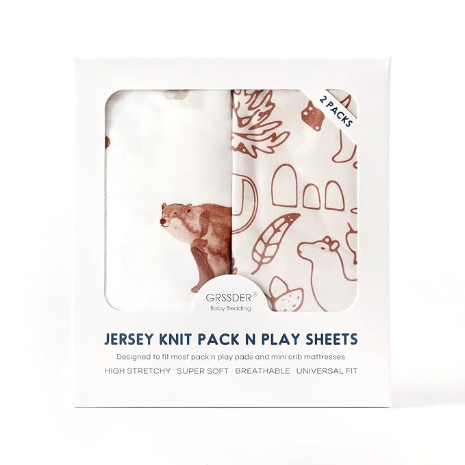Stretchy Ultra Soft Jersey Knit Pack n Play Sheets Set 2 Pack, Portable/Mini Crib Sheets for Boys and Girls, Universal Fit for Pack N Plays Safe and Snug, Stylish Playard Sheets of Cute Animals Print