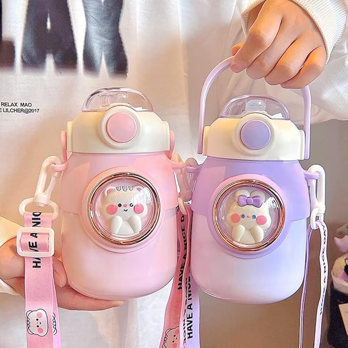 Kawaii Water Bottle with Straw,Travel Cute Water Bottles with Adjustable Strap Leak Proof BPA Free Wide Mouth Water Cup with Lid for Girls(Brown)