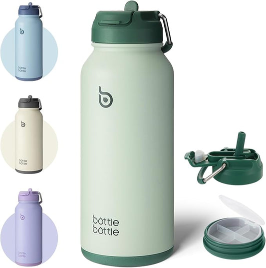BOTTLE BOTTLE 32oz Insulated Water Bottle Stainless Steel Sport Water Bottle with Straw Dual-use Lid Design for Gym with Pill Box (green)