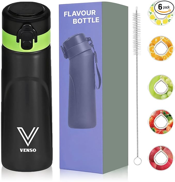 Water Bottle,650 ml scent water bottle with 5 flavor pods,Leak proof and BPA-free sports water bottle with straw,suitable for outdoor sports,0 sugar,0 calorie,Ideal gift (black)