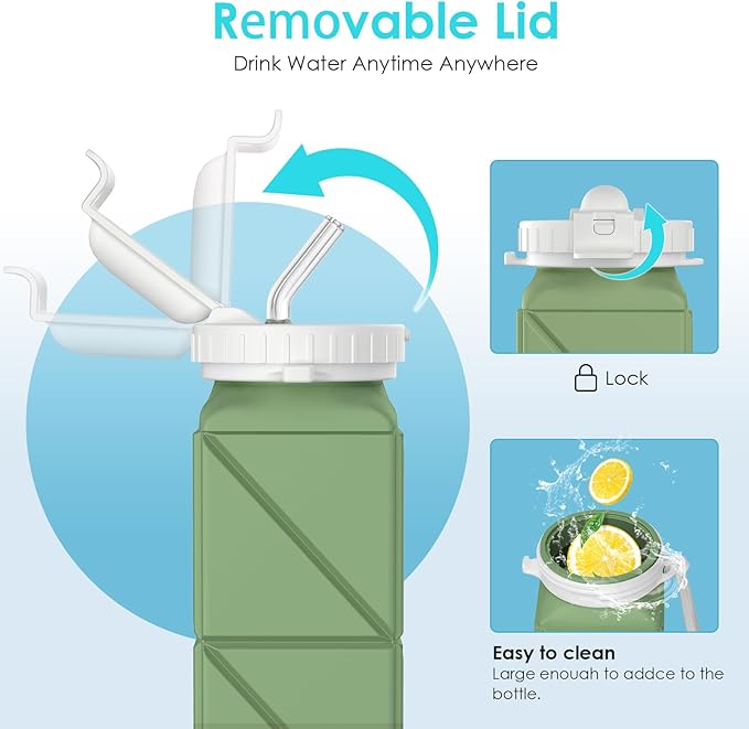 Collapsible Water Bottles 20.7oz Leakproof with Straw Lid Food-Grade BPA-Free Silicone Travel Foldable Water Bottles for Sports Office Gym Hiking Driving 610ML (Type2 Army Green)