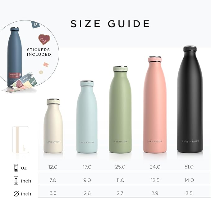LARS NYSØM Stainless Steel Insulated Water Bottle 12oz 17oz 25oz 34oz 51oz | BPA-free Insulated Thermo Flask for Hot and Cold Beverages | Leakproof Drinking Bottle (Nude, 34oz)