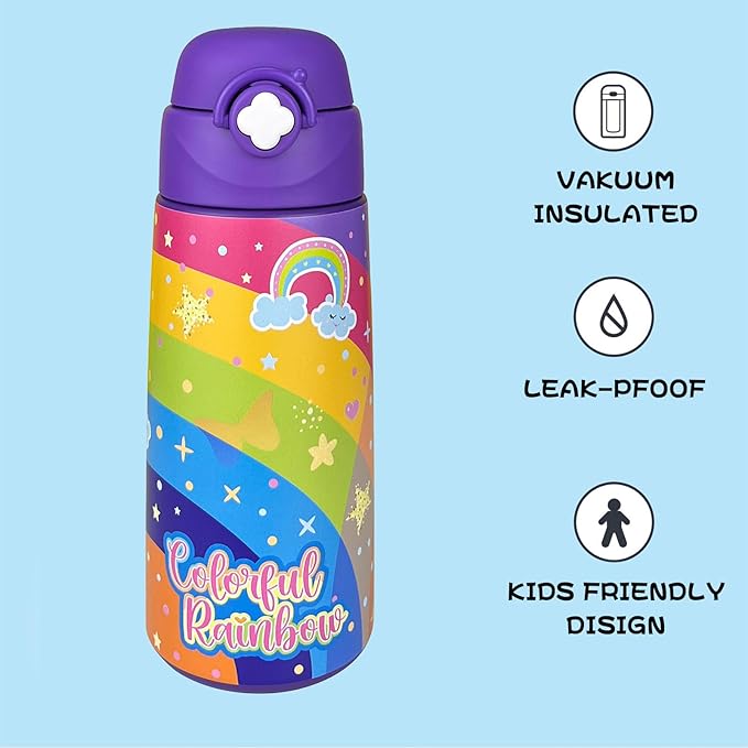 Kids Insulated Water Bottle with Covered Pop-Up Straw,16oz Kids Cups with Stainless Steel Leak Proof for School Boys Girls（Purple Rainbow）