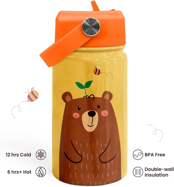 Bear Water Bottle - Kids Water Bottle with Straw Lid - 12 Oz Insulated Stainless Steel Water Bottles for Toddlers Kid Boys - Travel Cup for School Sports