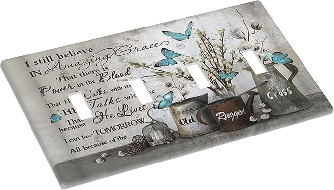 Blue Butterfly Rustic Flower Inspirational Quotes Quad Toggle Light Switch Covers 4 Gang Wall Plate Decorative Switchplate Electrical Faceplate for Farmhouse Country Bedroom Kitchen Decor