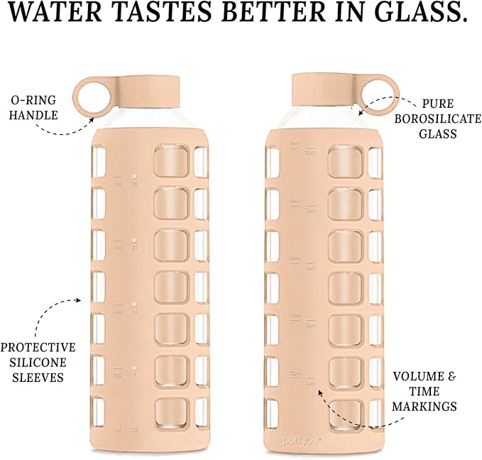 purifyou Premium 40/32 / 22/12 oz Glass Water Bottles with Volume & Times to Drink, Silicone Sleeve & Stainless Steel Lid Insert, Reusable Bottle for Fridge Water, Milk, Juice (32oz Hazelnut)