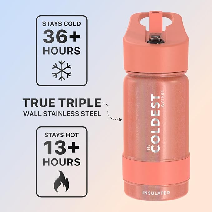 Coldest Sports Water Bottle - Straw Lid Bottle with Handle Leak Proof, Vacuum Insulated Stainless Steel, Double Walled, Thermo Mug, Metal | Pink Froze 14 oz