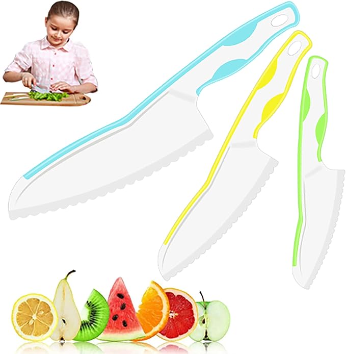 Kids Knife Set for Real Cooking, Premium 3-Piece Plastic Toddler Knife Set, Nylon Kitchen Kid Safe Knives for Cutting Fruits Veggies - Serrated Edges, 3 Sizes & Colors (Blue-Yellow-Green)
