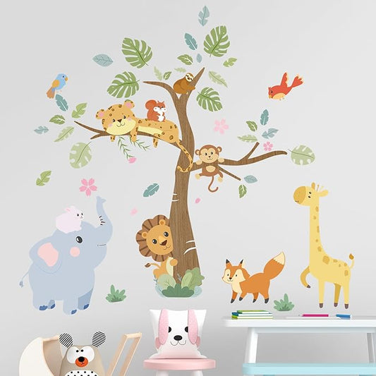 Forest Animals Baby Wall Stickers - Elephant Giraffe Lion Monkey Sloth Tocan Wall Decals - Baby Nursery Kids Room Daycare Playroom Classroom Wall Decor