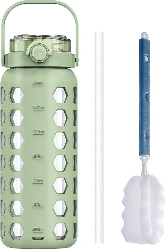 MUKOKO 56oz Glass Water Bottles with Straw and Lid,Motivational Water Jug with Time Marker Reminder and Silicone Sleeve,100% Leakproof BPA Free Fitness Sports Large Bottle-Green