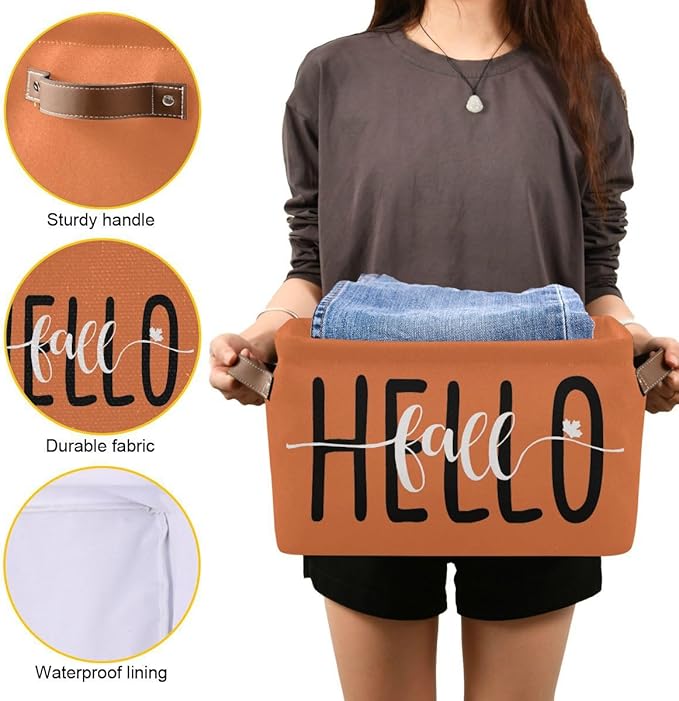 Hello Fall Orange Storage Basket Fabric Kitchen Baskets Autumn Pumpkin Open Home Storage Bins Boxes Foldable Organizer Bag for Baby Cloth Pet Toy Book Shelf Closet Baskets 16×12×8 Inches