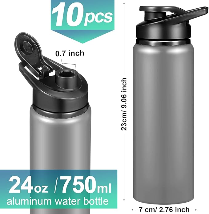 CHENGU 10 Pcs Aluminum Water Bottle 24oz Aluminum Reusable Bottles Lightweight Snap Lid Sports Water Bottle Multipack Easy Carry Leak Proof Travel Bottle for Gym Camping Hiking Outdoor Fishing (Gray)