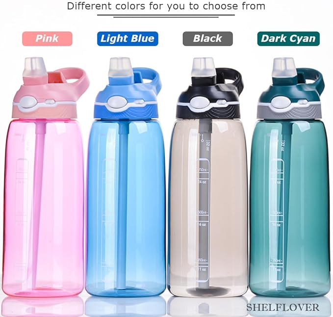 SHELFLOVER Pink Water Bottle With Narrow Straw, BPA FREE Clear Bottles With Handle One Hand Use Easy Carried, Flip Up, Suit School, Office, Gym, Office For Women, 32oz (1000ml)