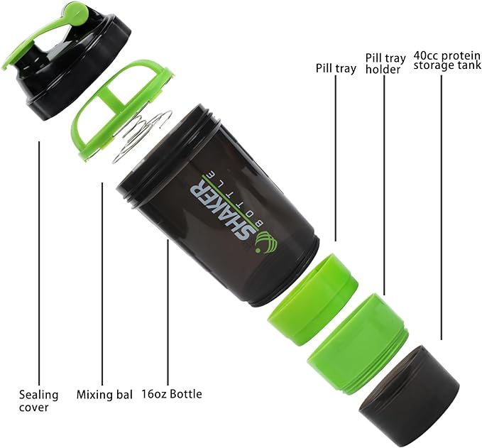 Shaker Bottle - Protein Shaker Cup with Storage Compartments - Leak-proof Workout Shake Bottles with Mixer for Smooth Mixing-500ML/16oz (GREEN & BLACK)