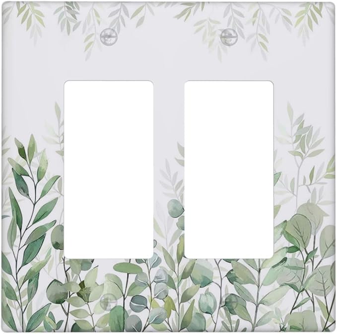 Green Eucalyptus Rustic Botanical Plant Leaves 2 Gang Rocker Decora Boho Light Switch Covers Decorative Dual Outlet Covers Wall Plate Electrical Faceplate Switchplate GFCI for Country Bedroom