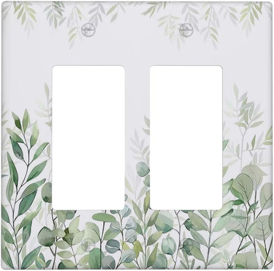 Green Eucalyptus Rustic Botanical Plant Leaves 2 Gang Rocker Decora Boho Light Switch Covers Decorative Dual Outlet Covers Wall Plate Electrical Faceplate Switchplate GFCI for Country Bedroom
