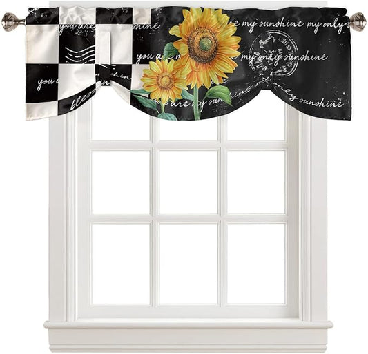 Buffalo Plaid Blackout Tie Up Valance Curtains for Kitchen Windows Farmhouse Sunflower Window Toppers Balloon Shades for Living Room/Bathroom/Bedroom,1 Panel,54" X 18" Autumal Wild Flower