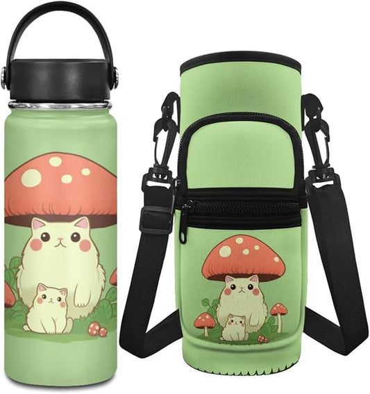 Mushroom Water Bottle for Girls 5-7/7-9 Cat 20 OZ Stainless Steel Water Bottle Carrier Bag with Phone Pocket Reusable Water Bottle