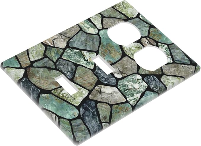 Green Stone Texture Combo 2 Toggle 1 Duplex Outlet Light Switch Wall Plate Cover Decorative 3-Gang for Electrical Room Bathroom Bedroom Home Kitchen One Receptacle 4.5" x 6.38"
