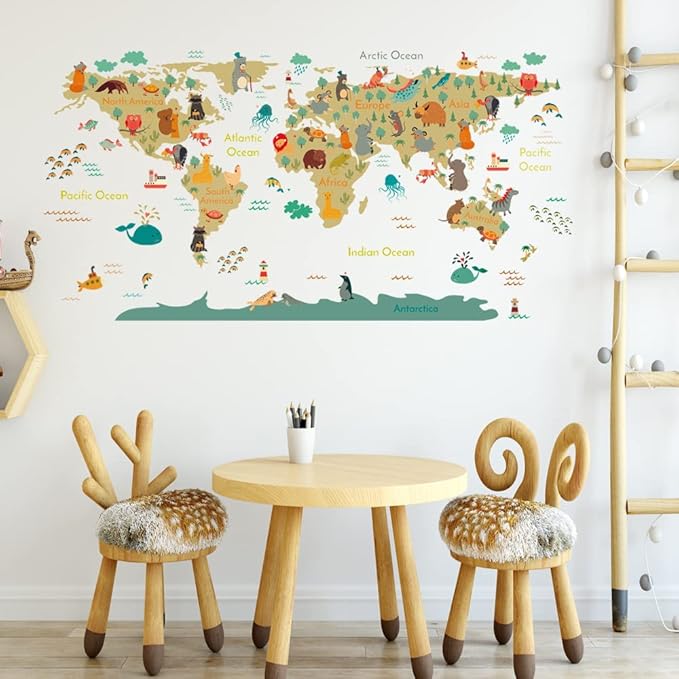 Animal World Map Wall Stickers Cartoon Lion Bear Travel Wall Decals Peel and Stick Removable Wall Stickers Baby Kids Bedroom Nursery Toddler Room Living Room Wall Sticker Decor